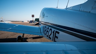 A small aircraft is parked on an airstrip with clear blue skies overhead. The tail number visible reads N8621E, and the airplane is positioned on a paved surface with a fueling station in the background.
