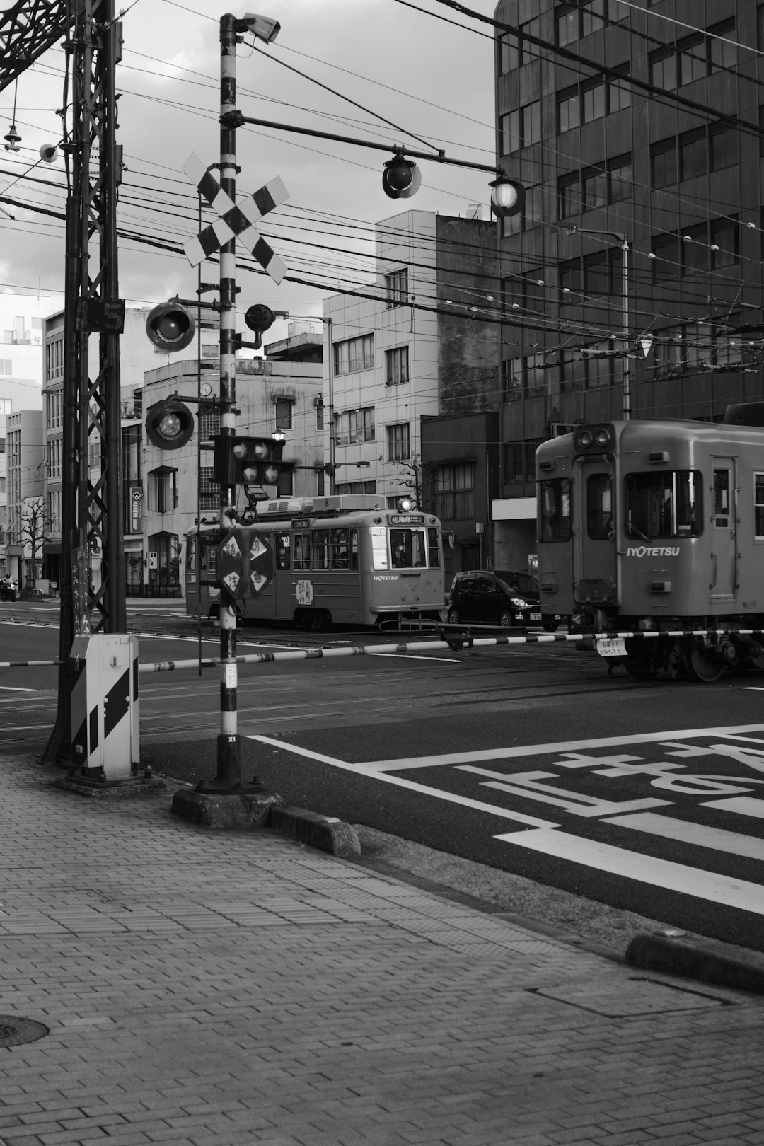 grayscale photo of train on rail road