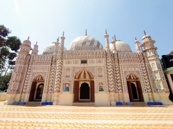 An ornate mosque with intricate geometric and floral patterns decorating its facade. The structure features prominent domes and minarets, blending traditional Islamic architectural elements. The ground is covered with a tiled pattern that complements the building's design. Sunlight casts shadows, enhancing the detailed carvings and embellishments.