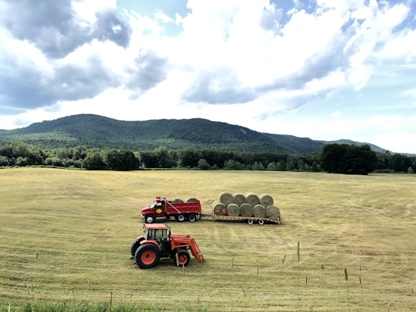 A truck loaded with fresh, green sod rolls through a Connecticut farm field under a bright sky.