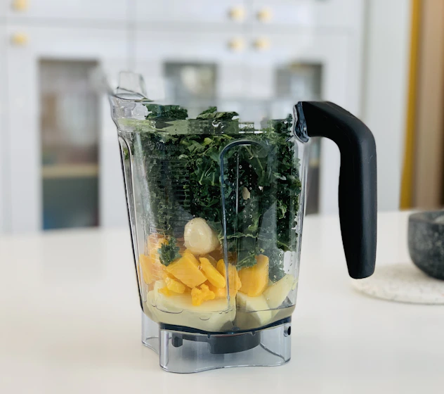 Ninja Professional Blender BL610 with smoothie ingredientsh sliced fruits