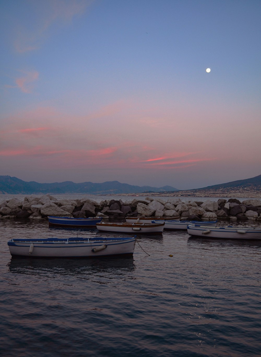 white and blue boat on water during sunset