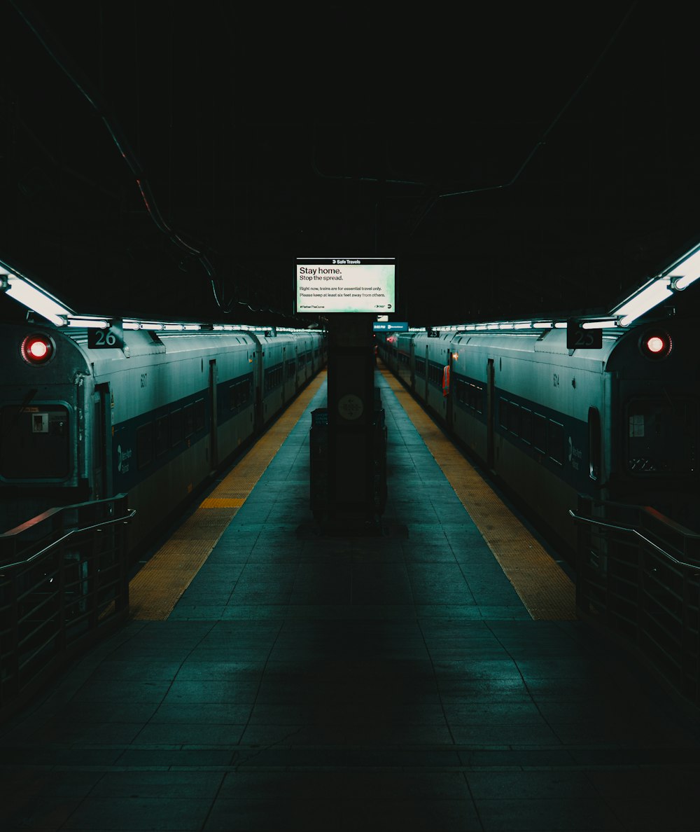 train station with white and green lights