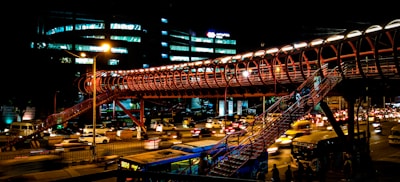 blue and brown bridge during night time