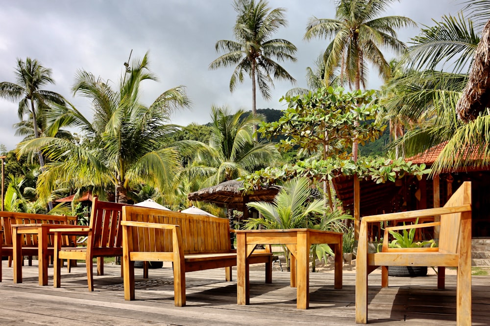 brown wooden table and chairs near palm trees