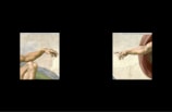 A digital artwork displaying two segments of Michelangelo's 'Creation of Adam', each appearing as if viewed within a computer window. The left section features the beginnings of an outstretched arm, while the right section displays another arm reaching toward it. Both are set against a neutral background with subtle hues.