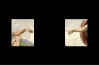 A digital artwork displaying two segments of Michelangelo's 'Creation of Adam', each appearing as if viewed within a computer window. The left section features the beginnings of an outstretched arm, while the right section displays another arm reaching toward it. Both are set against a neutral background with subtle hues.