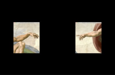 A digital artwork displaying two segments of Michelangelo's 'Creation of Adam', each appearing as if viewed within a computer window. The left section features the beginnings of an outstretched arm, while the right section displays another arm reaching toward it. Both are set against a neutral background with subtle hues.