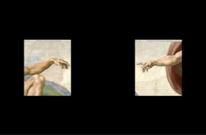 A digital artwork displaying two segments of Michelangelo's 'Creation of Adam', each appearing as if viewed within a computer window. The left section features the beginnings of an outstretched arm, while the right section displays another arm reaching toward it. Both are set against a neutral background with subtle hues.
