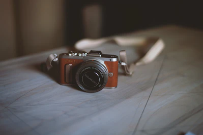 Close-up of a vintage-style camera with leather accents resting on a wooden table.