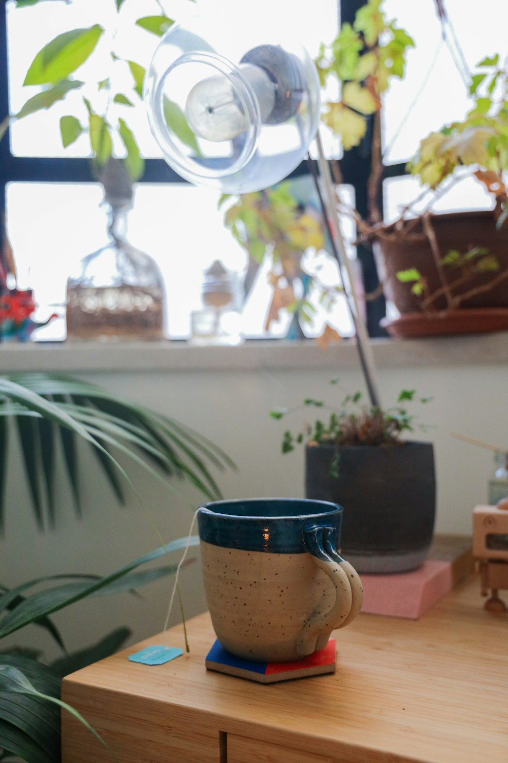 blue ceramic mug on brown wooden table