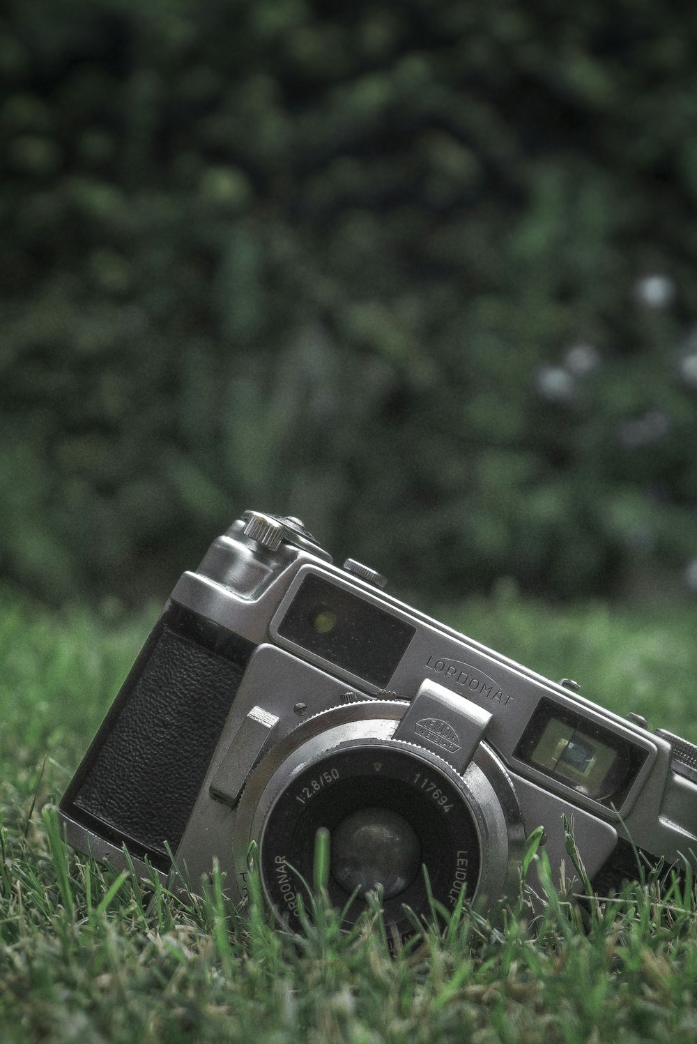 Schwarz-Silber-Kamera auf grünem Gras tagsüber