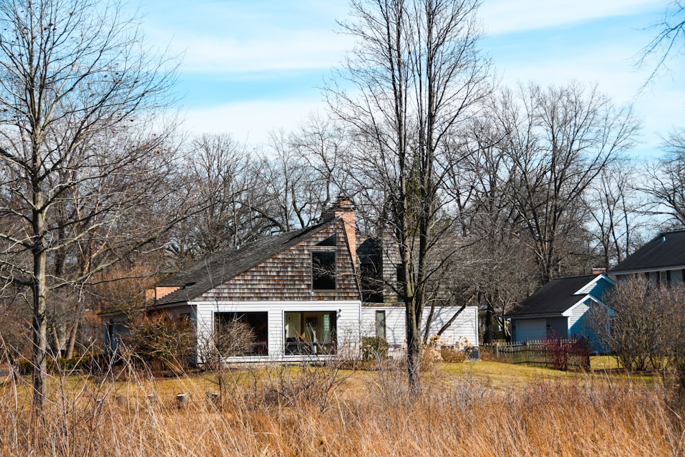 white and brown house near bare trees under blue sky during daytime