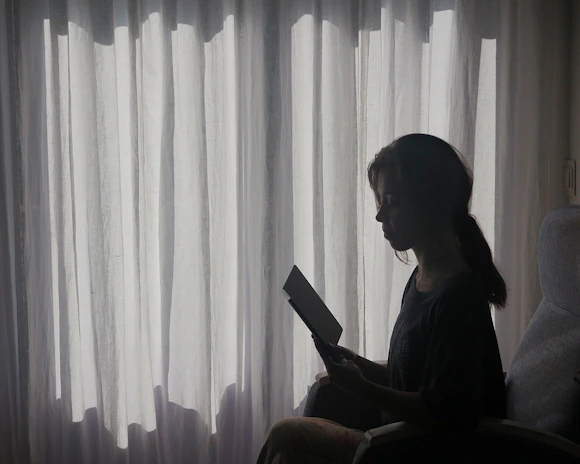 A shadowy silhouette of a woman reading by moonlight, framed by sheer curtains.