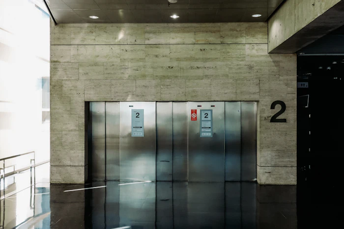 Grey steel elevator door closed