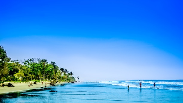 A serene beach with families enjoying their vacation under a clear blue sky.