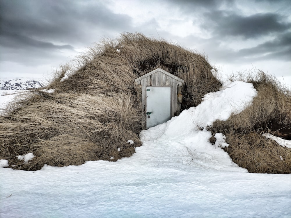昼間は白い雲と青い空の下、雪に覆われた地面に茶色の木造住宅