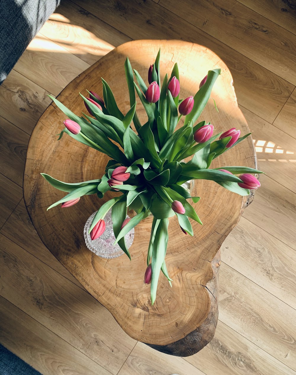 pink and green flower on brown wooden round table