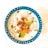 A colorful dessert in a blue ceramic bowl, featuring a mixture of white milky liquid, white jelly-like cubes, orange and green jelly pieces, topped with small brown caramelized coconut bits.