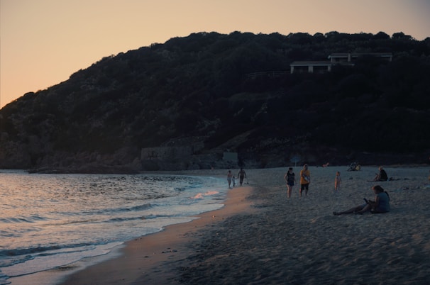 A serene beach at sunset with soft waves and a few travelers enjoying the view