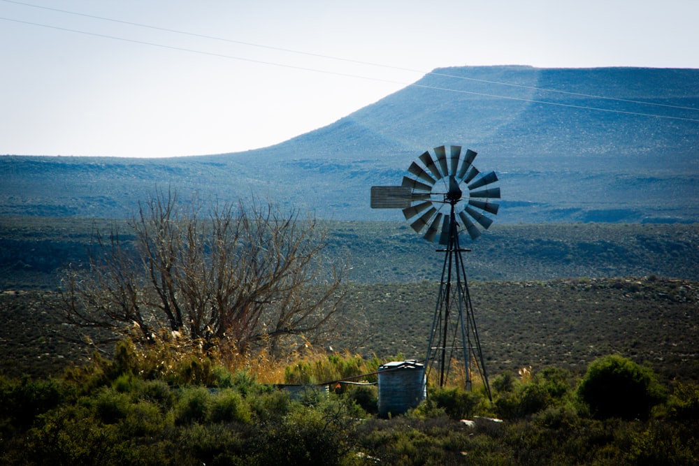 black windmill near bare trees under blue sky during daytime