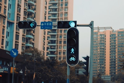 Urban setting with a focus on a traffic light showing green signals for pedestrians and cyclists. High-rise buildings form the backdrop along with some street signs.