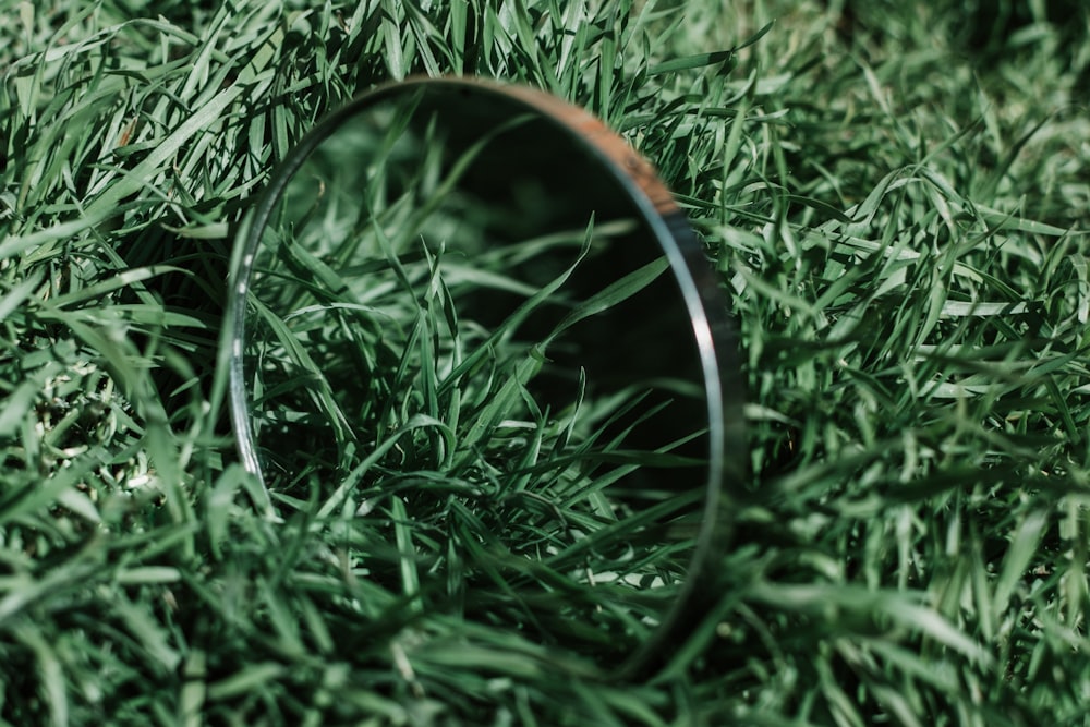silver round frame on green grass