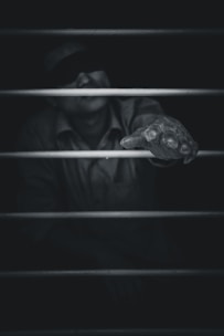 A stark black and white photo of a father’s hands gripping courtroom railings, blurred figures in the background.