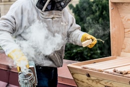 A person is wearing a protective beekeeping suit and holding a bee smoker filled with smoke. They are standing beside a wooden beehive with the lid open, preparing to inspect or work with the bees.