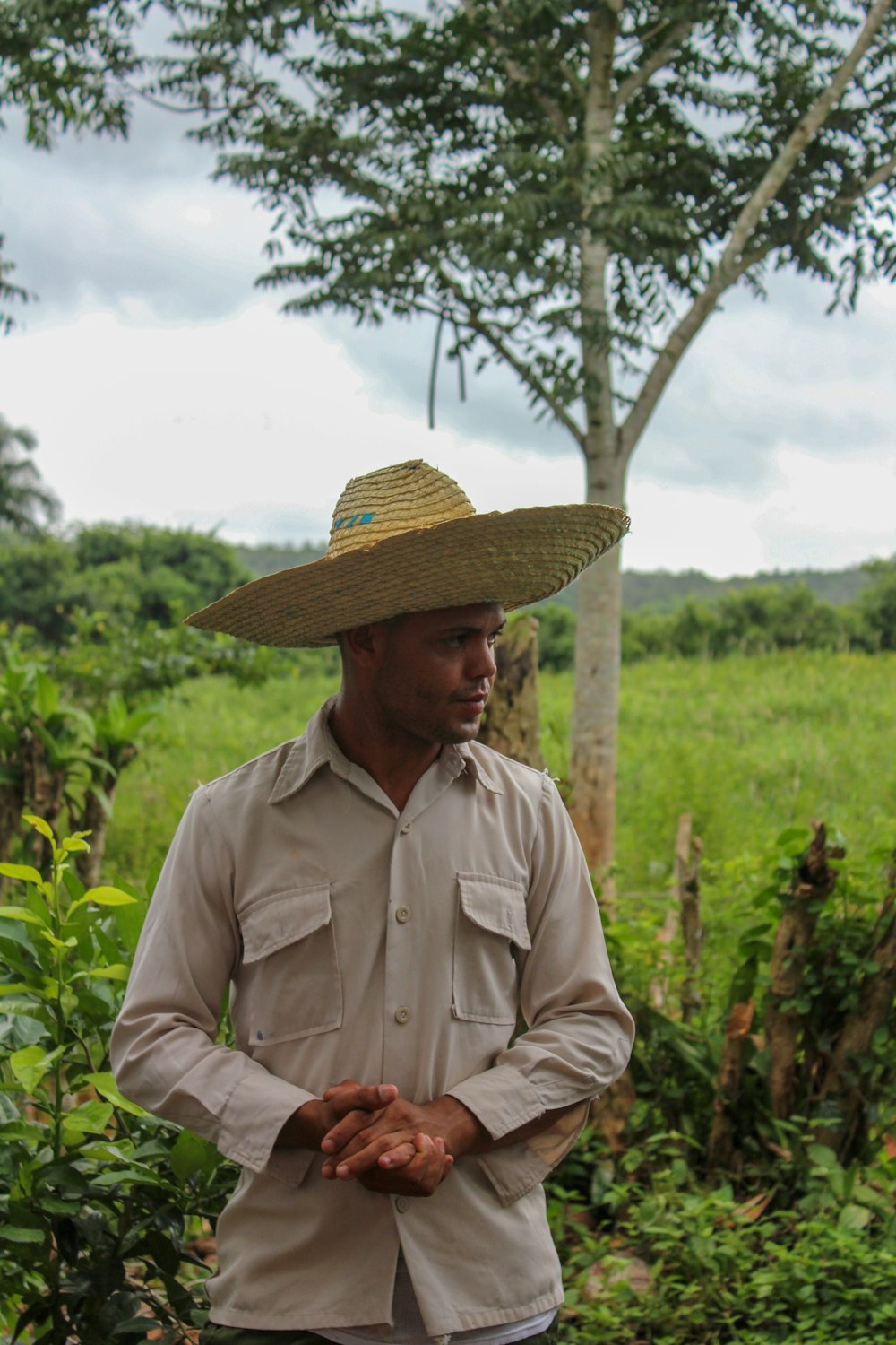 man in brown hat and white dress shirt