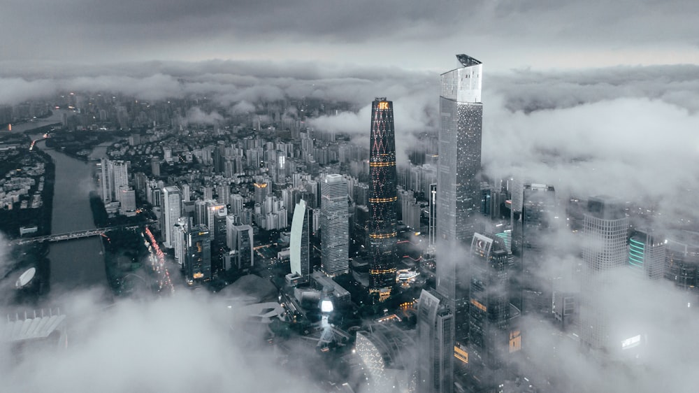 high rise buildings during night time