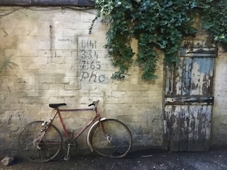 A vintage bicycle leaning against a rustic brick wall covered in ivy.