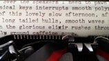 A close-up of a vintage typewriter with a partially typed page of a forbidden age gap romance story, set against a blush fabric background.