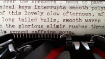 A close-up view of an old typewriter with a page containing typewritten text. The text is composed of random sentences with a nostalgic and poetic feel. The typewriter's mechanical components, including the ribbon and typebar, are visible.