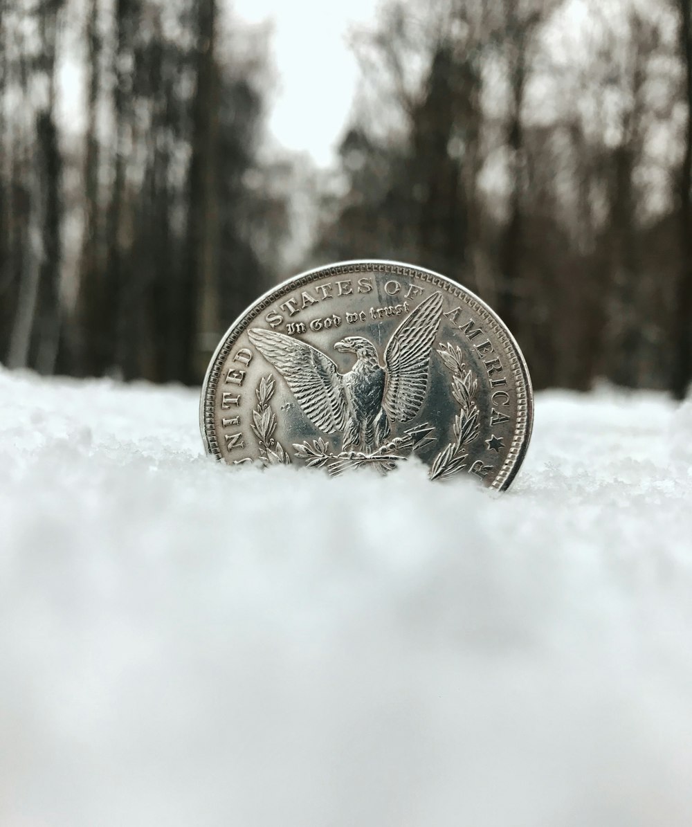 silver round coin on snow