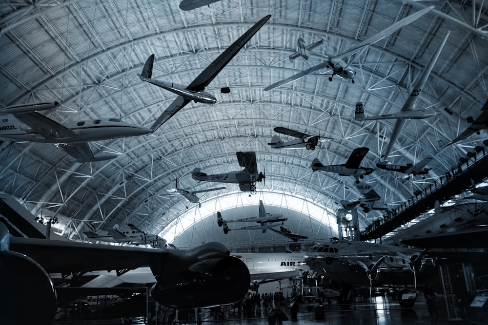 black and white airplane in a building