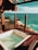 An outdoor hot tub is set on a wooden deck with a thatched roof offering a breathtaking view of the ocean. The clear blue water stretches to the horizon, with small boats visible in the distance. A white sandy beach lined with lush green trees is below, creating a tropical paradise atmosphere.
