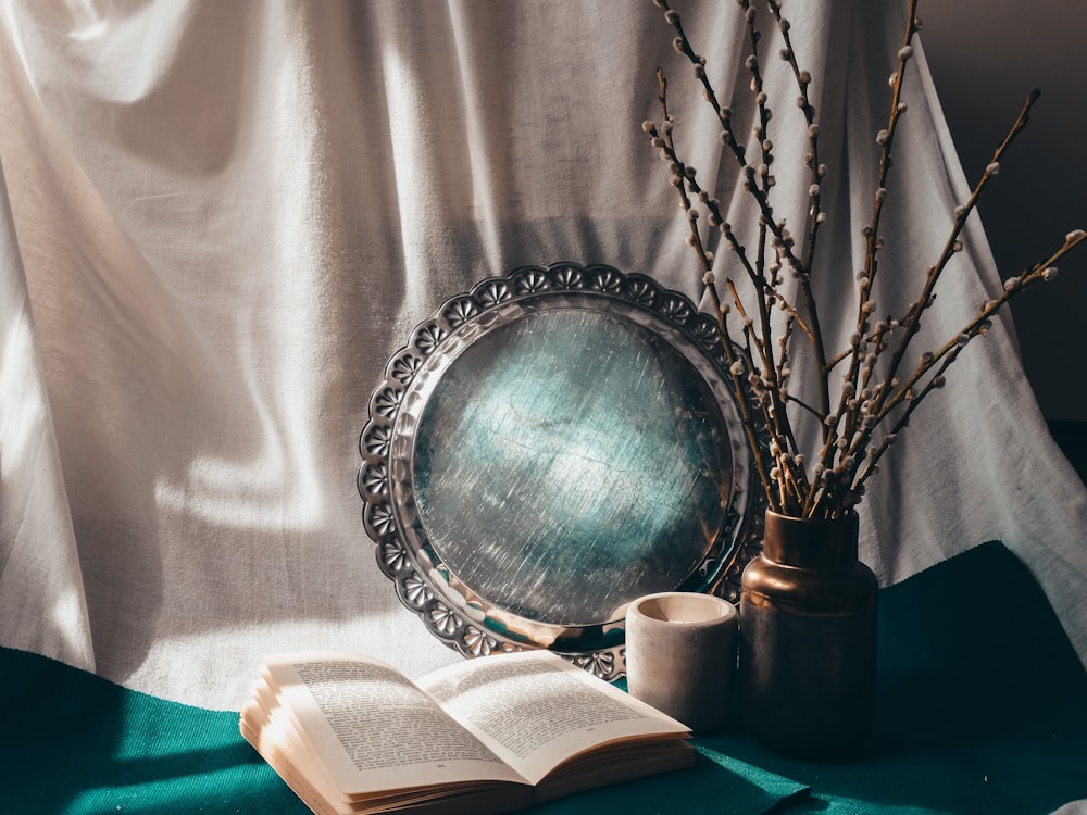 silver round framed mirror beside green potted plant