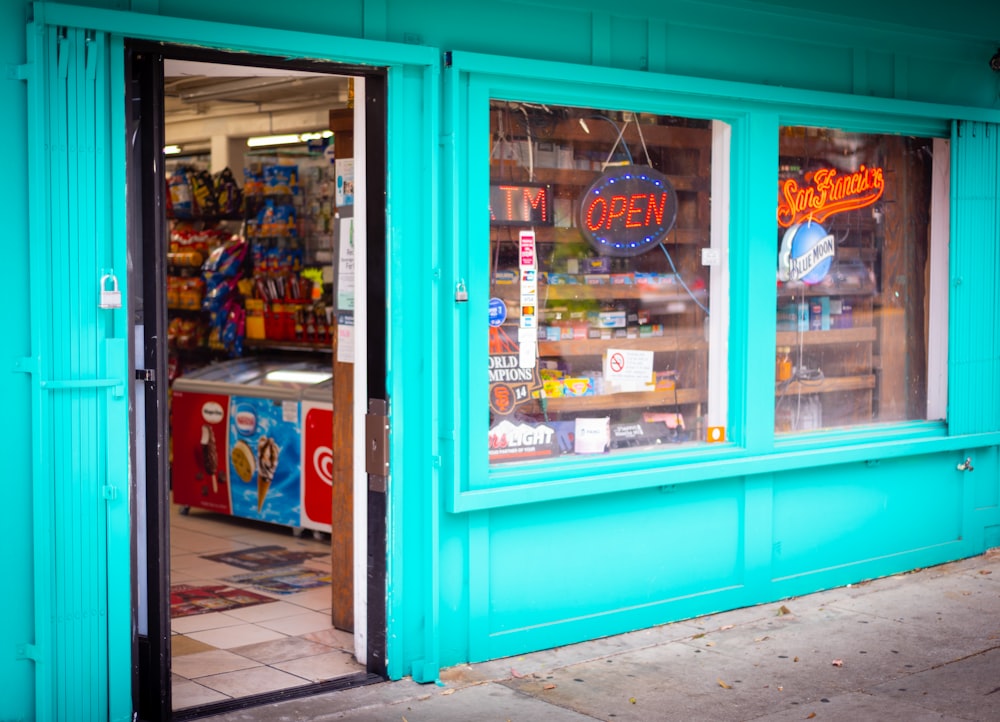 blue and brown store with blue wooden door