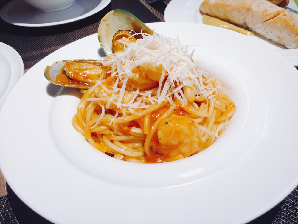 pasta dish on white ceramic plate