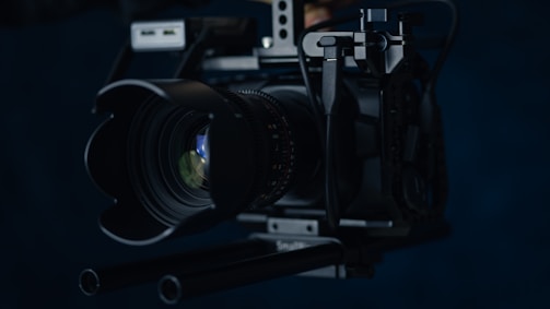 Close-up of a camera capturing a professional video shoot.