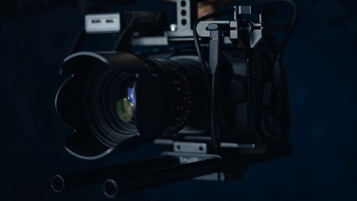 A black camera lens on a black table at Addisalem