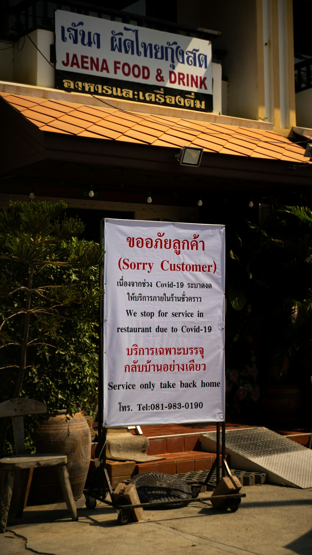 white and red signage near green tree during night time