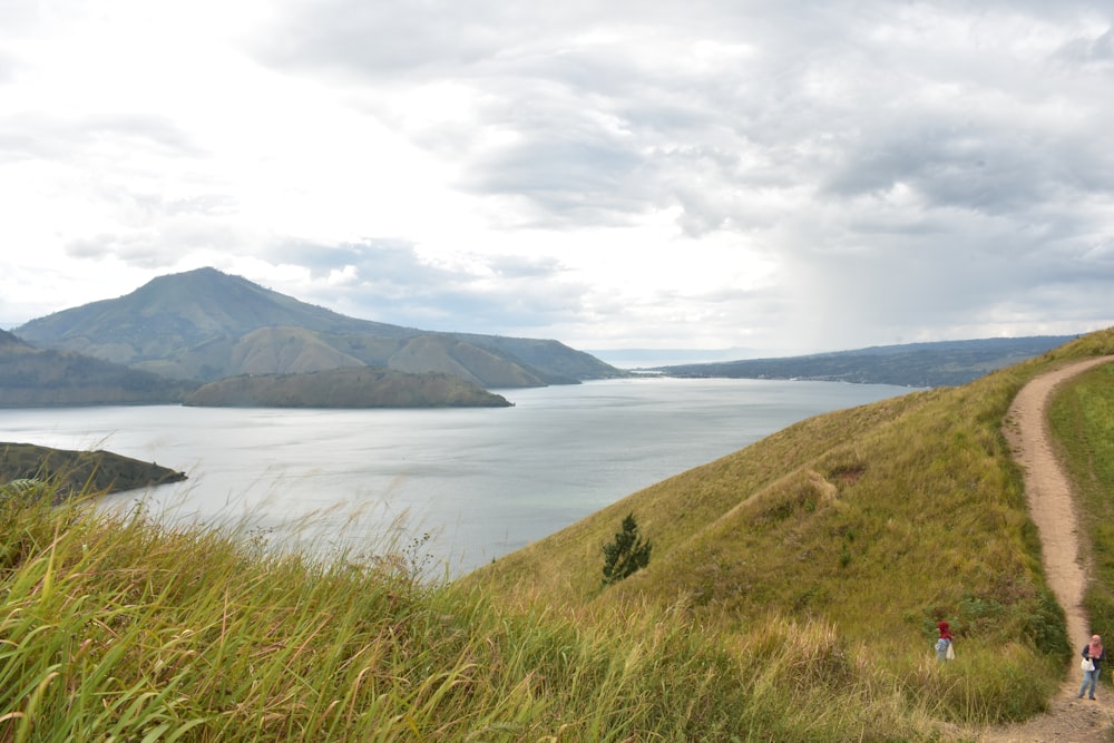 green grass field near body of water under white clouds during daytime