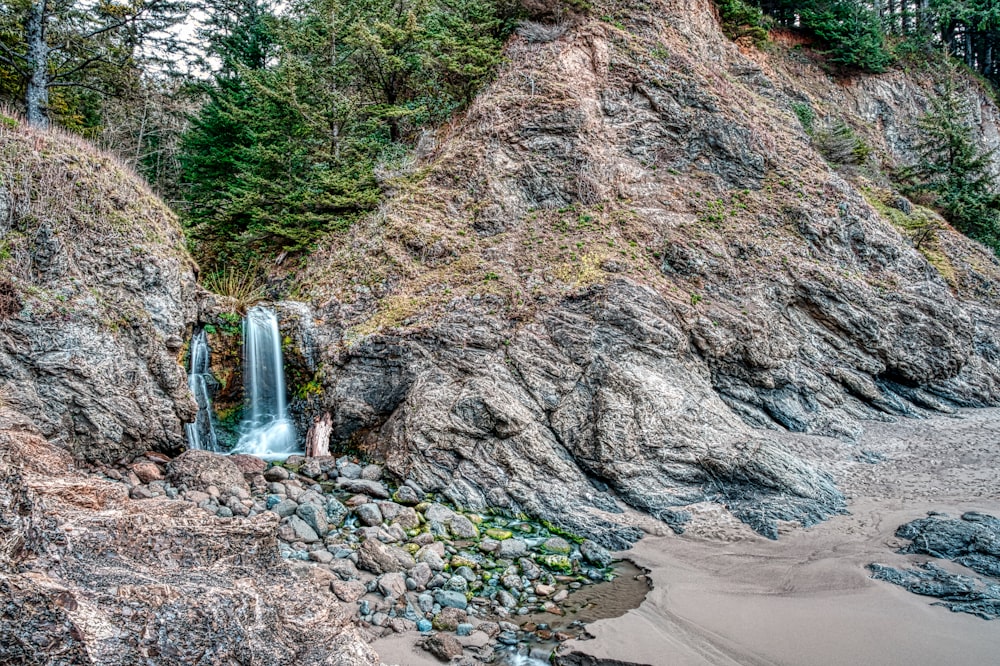 rocky shore with water falls