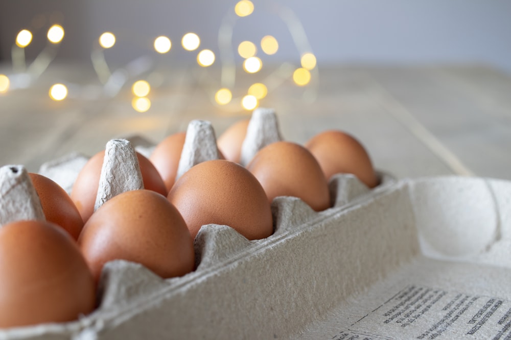 brown eggs on gray egg tray