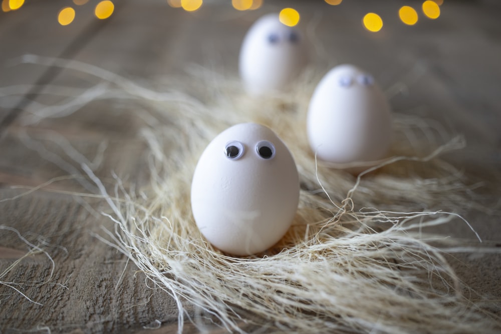 2 white eggs on white and brown nest