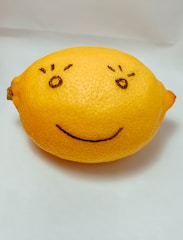 A simple, hand-drawn orange fruit with a quirky smile.