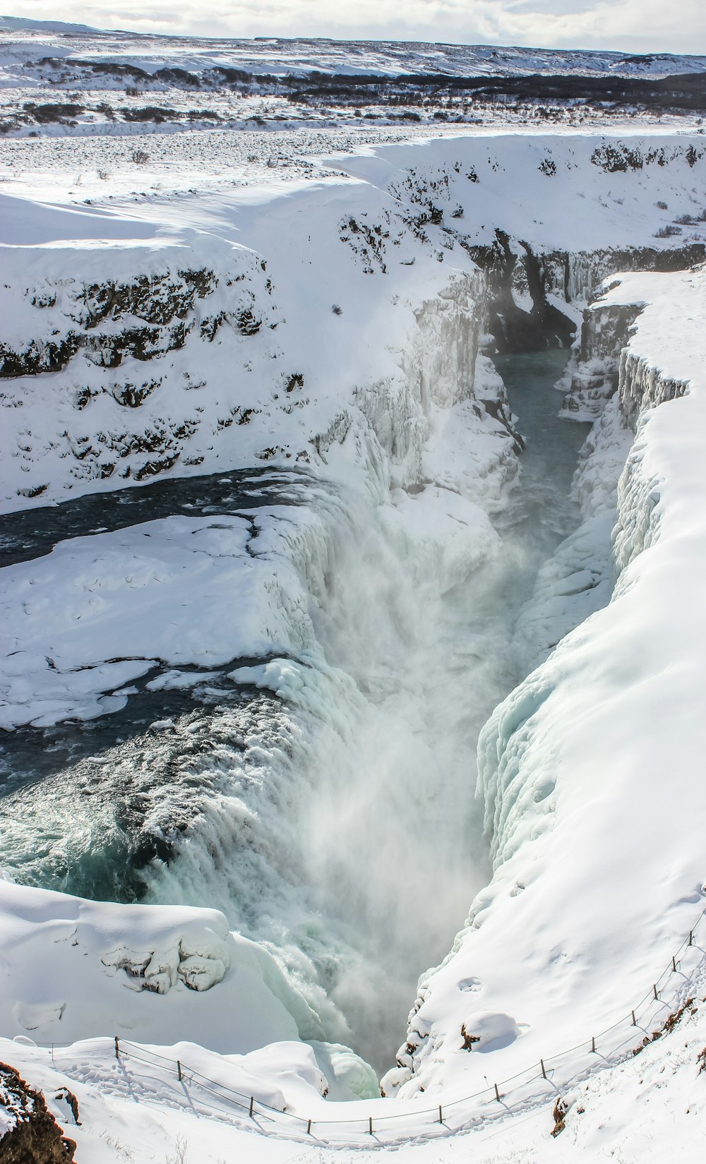 water falls with snow covered ground
