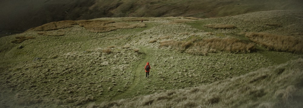 personne en veste rouge marchant sur un champ d’herbe verte pendant la journée